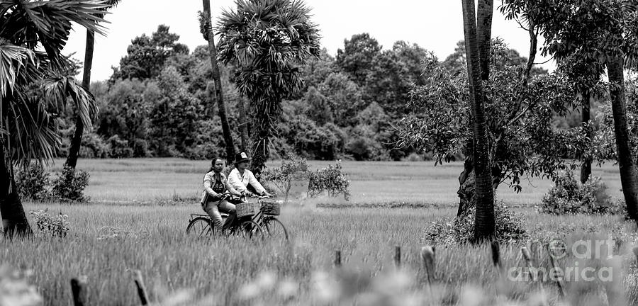 Black White Couple Asia Motorcycle Fields  Photograph by Chuck Kuhn