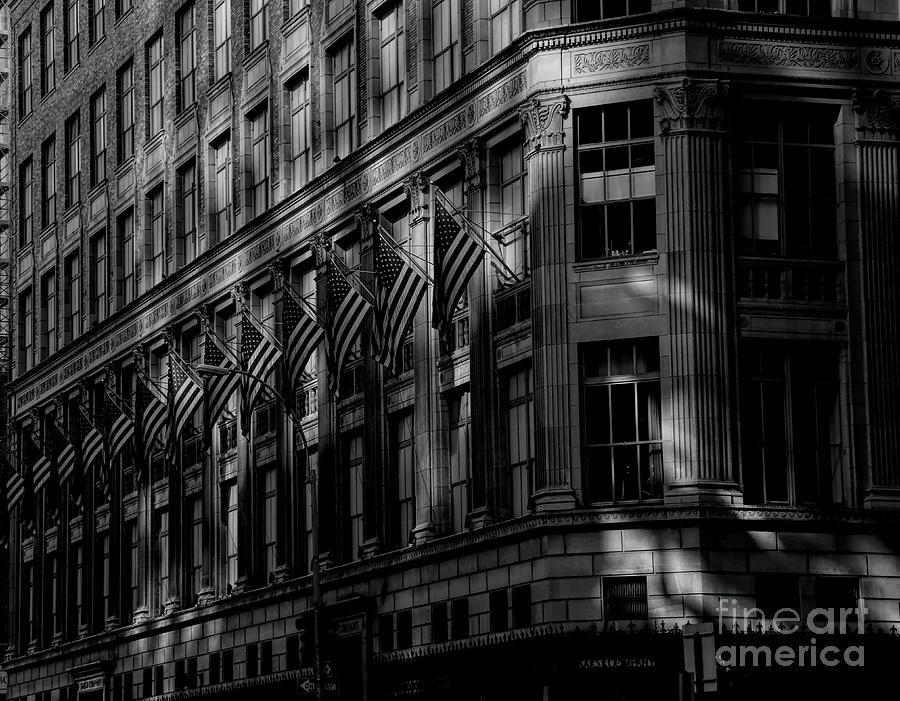  NY Building USA Flags BW Photograph by Chuck Kuhn