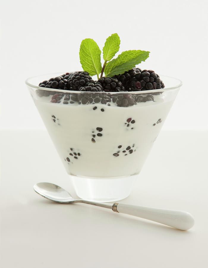 Blackberries And Cream With Mint In A Dessert Bowl Photograph by William Boch