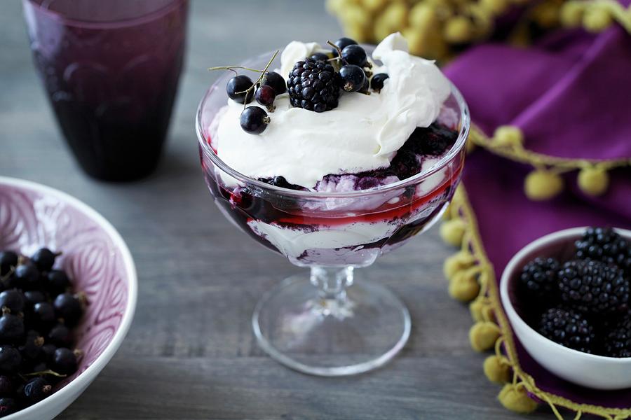 Blackberry And Blackcurrant Fool With Cream Photograph by Debby Lewis-harrison