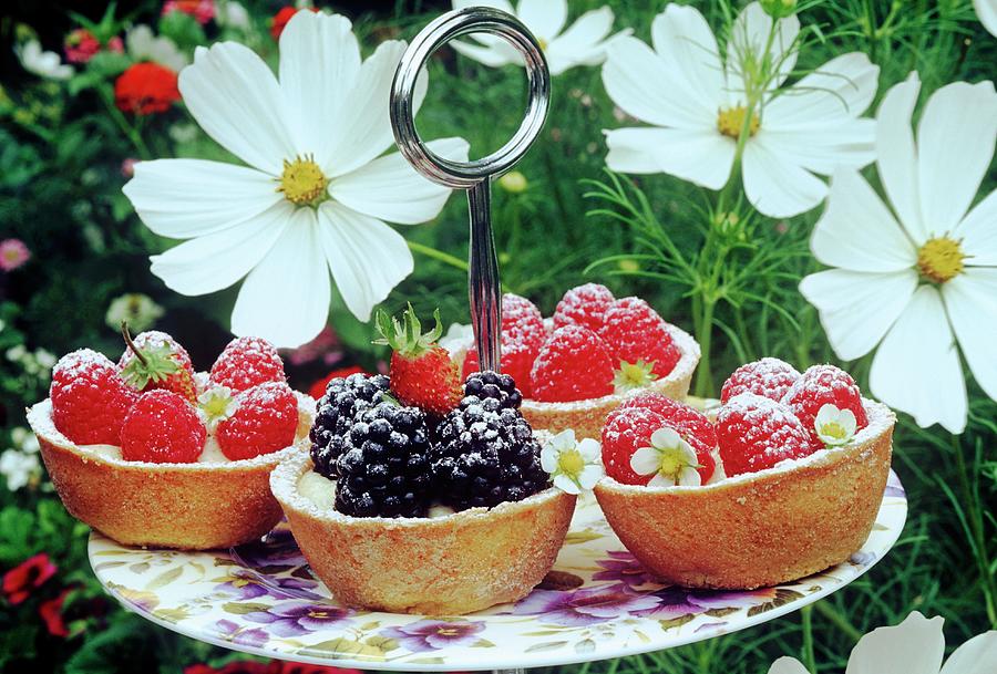 Blackberry And Rasberry Tarts On A Plate Outside Photograph by Burgess, Linda