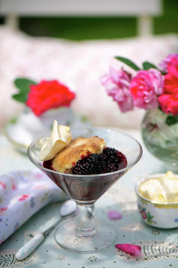 Fruit Photograph - Blackberry Cobbler With Clotted Cream by Heinze, Winfried