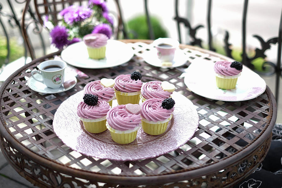 Blackberry Cupcakes On A Balcony Table Photograph by Marions Kaffeeklatsch