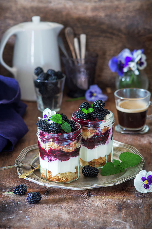 Blackberry Trifle With Peppermint And Pansies Photograph by Irina Meliukh