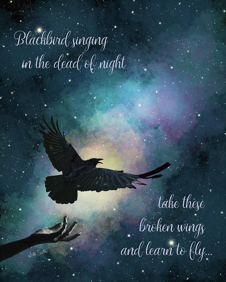 The Beatles Digital Art - Blackbird Singing With Lyrics by Nikki Marie Smith