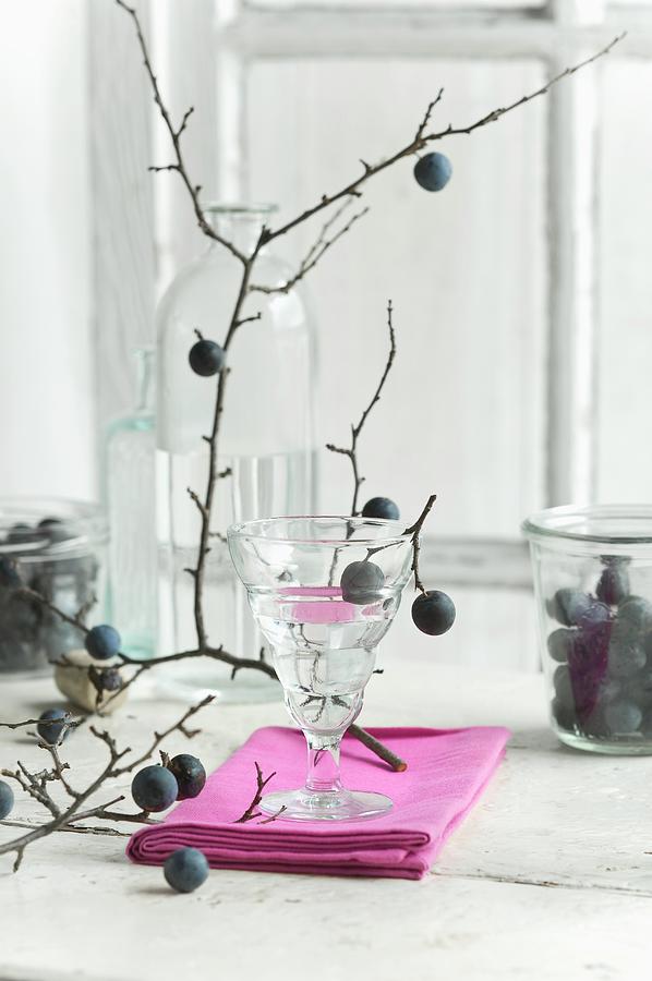 Blackthorn Schnapps In A Glass, Blackthorn Fruits In A Storage Jar And A Blackthorn Branch On A Kitchen Table Photograph by Achim Sass