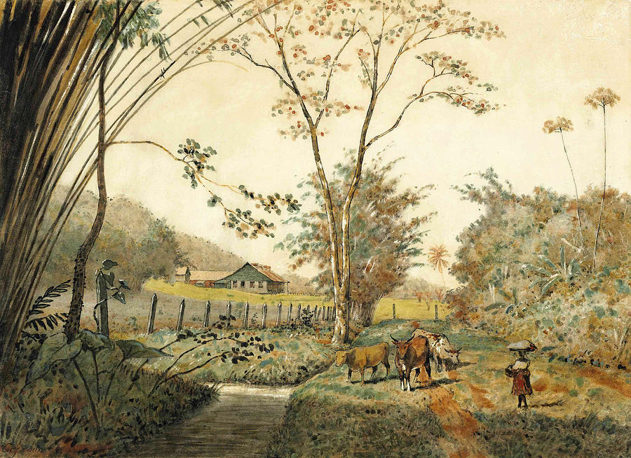 Blanchisseuse and cattle on a cocoa estate Drawing by Michel Jean Cazabon