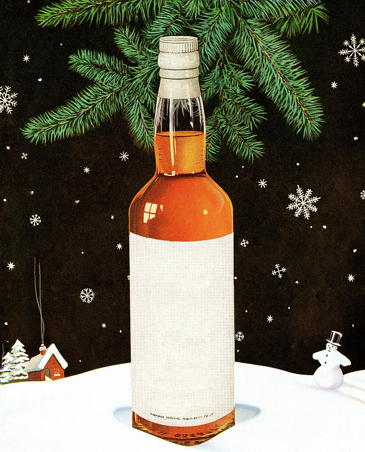 Christmas Drawing - Blank Liqour Bottle in Snowy Scene by CSA Images