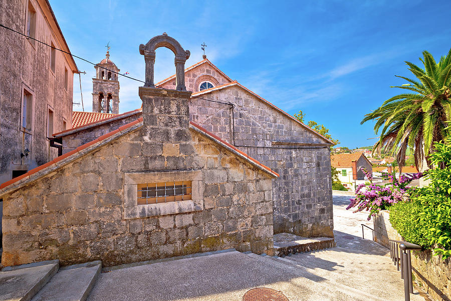 Blato on Korcula island historic stone square and church view Photograph by Brch Photography