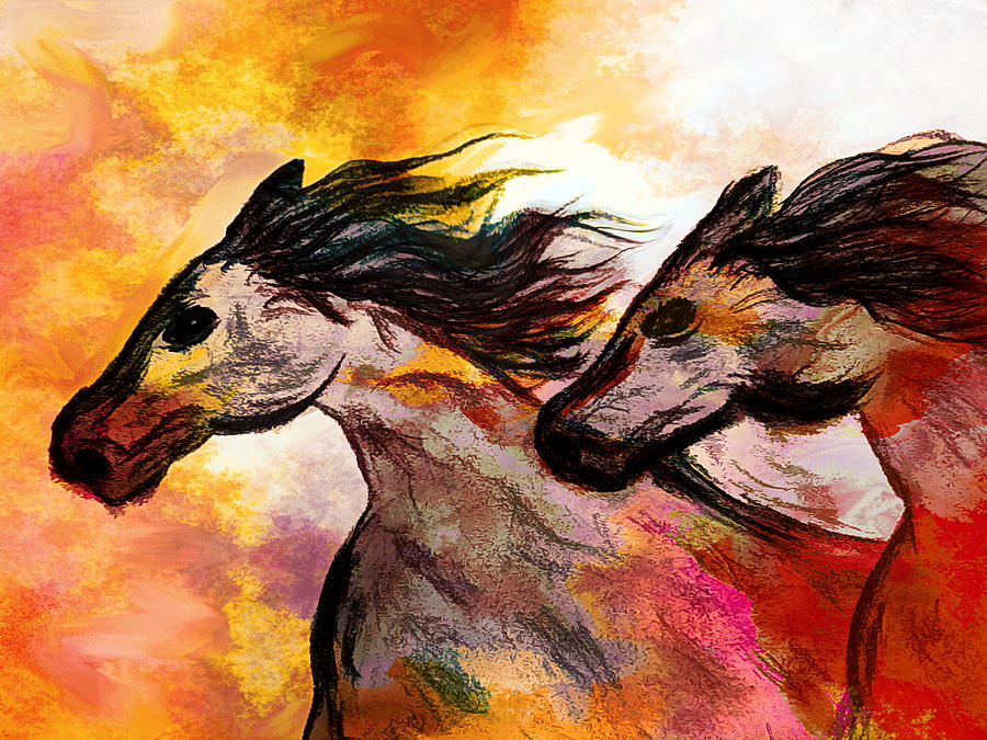 Blazing Wild Horses Drawing by Abstract Angel Artist Stephen K