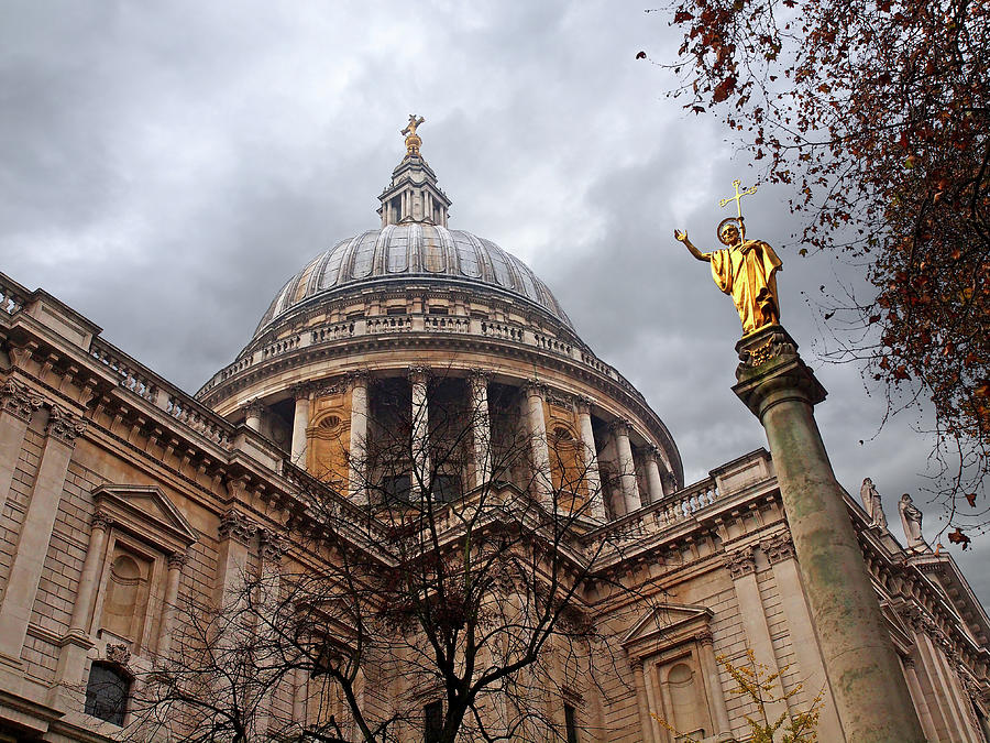 Blessings - Gold Statue of St. Paul Outside The Cathedral in London Photograph by Gill Billington