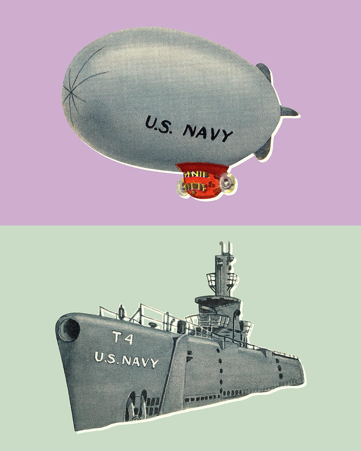 Vintage Drawing - Blimp and Ship by CSA Images