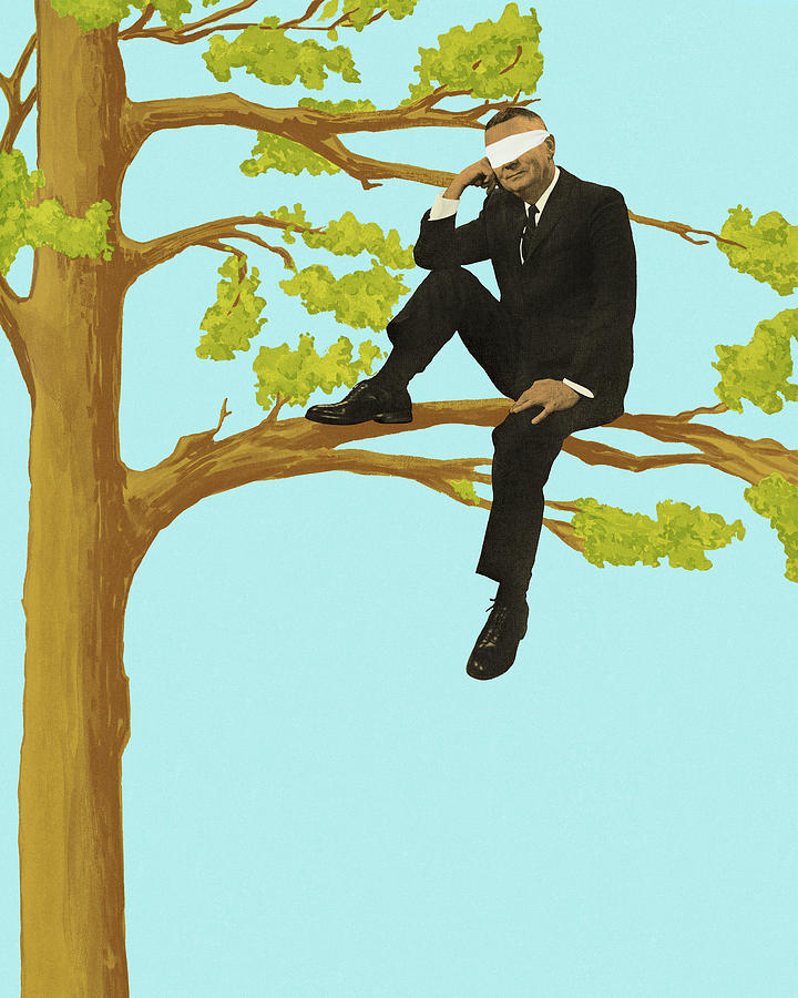 Vintage Drawing - Blindfolded Businessman Sitting in a Tree by CSA Images