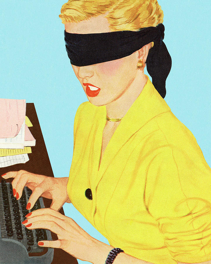 Vintage Drawing - Blindfolded Woman at a Typewriter by CSA Images