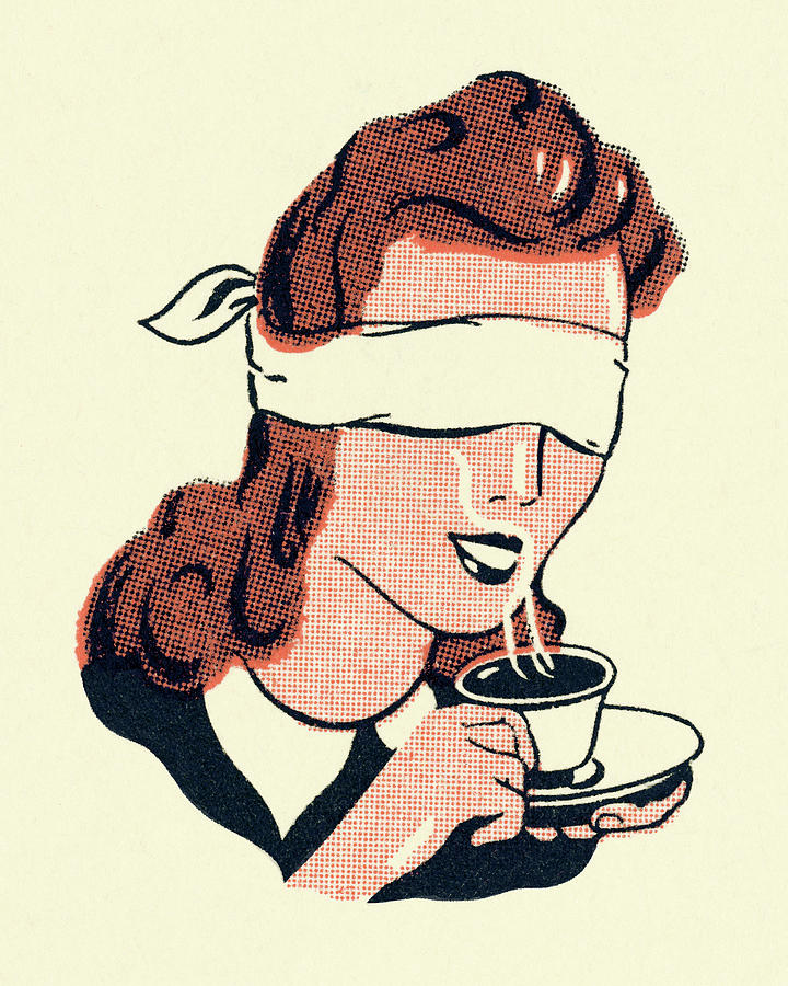 Coffee Drawing - Blindfolded Woman Drinking Coffee by CSA Images
