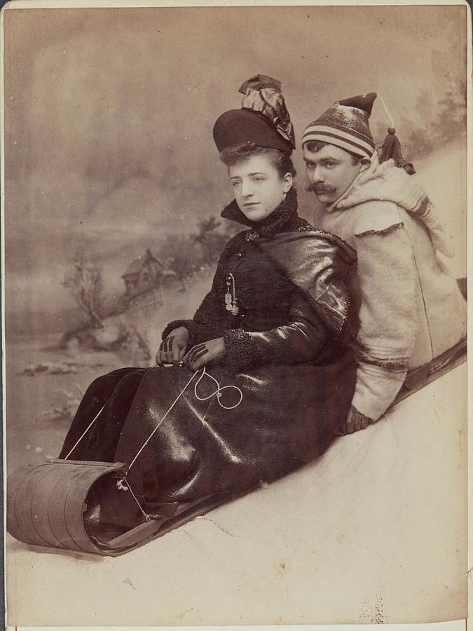 Bliss Bros. Couple On Toboggan Sled Ca. 1890 Collodion Silver Or Gelatin Silver Print Painting