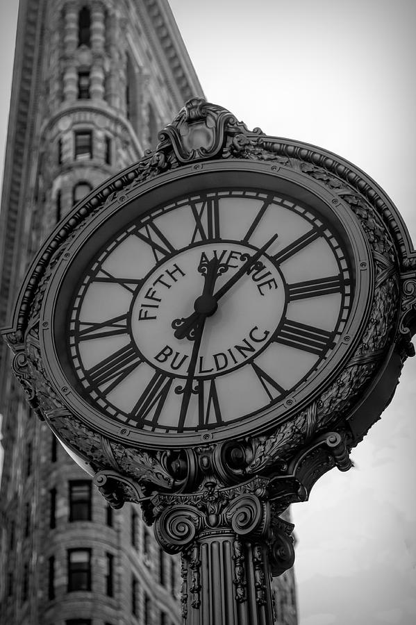 BlkWht Fifth Ave Tiffany Clock Flatiron District NYC Photograph by Chuck Kuhn