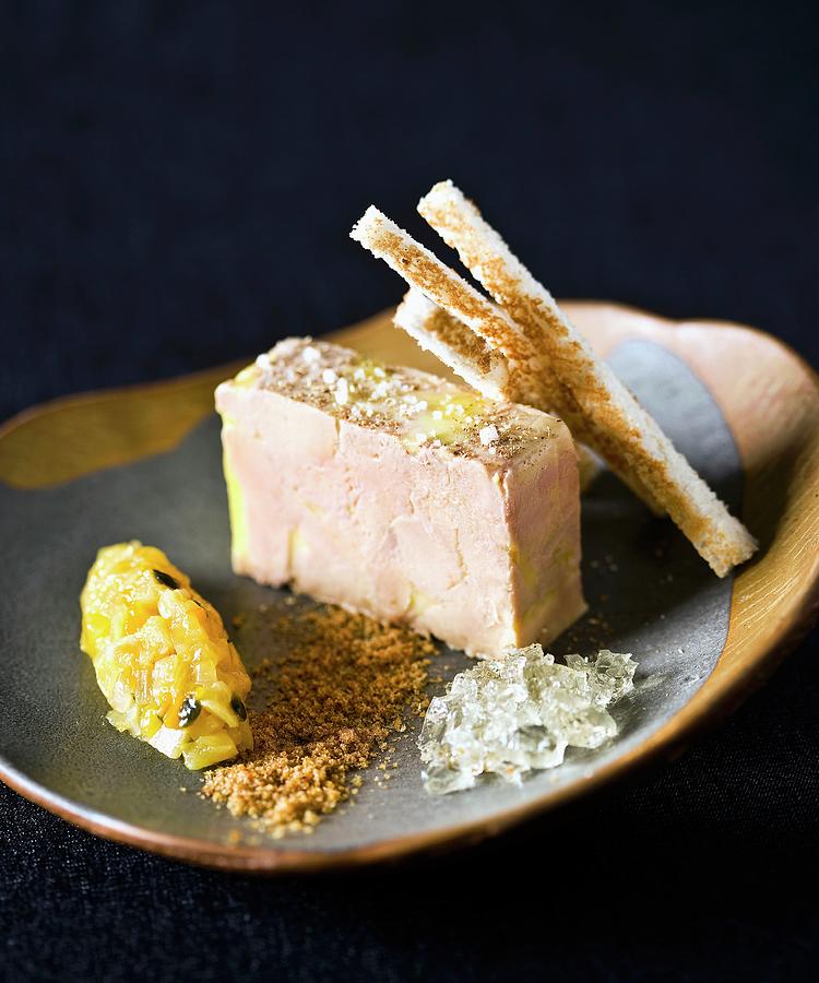 Bloc Of Foie Gras With Monbazillac Aspic, Quince-passionfruit Marmelade And Crumbled Gingerbread Photograph by Gaurier