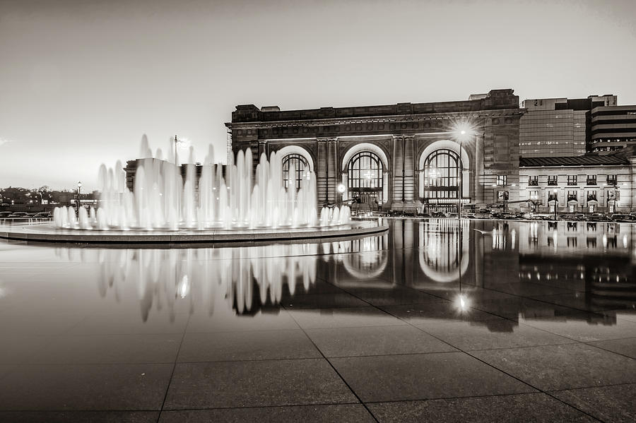 Bloch Fountain At Union Station - Downtown Kansas City Sepia Photograph