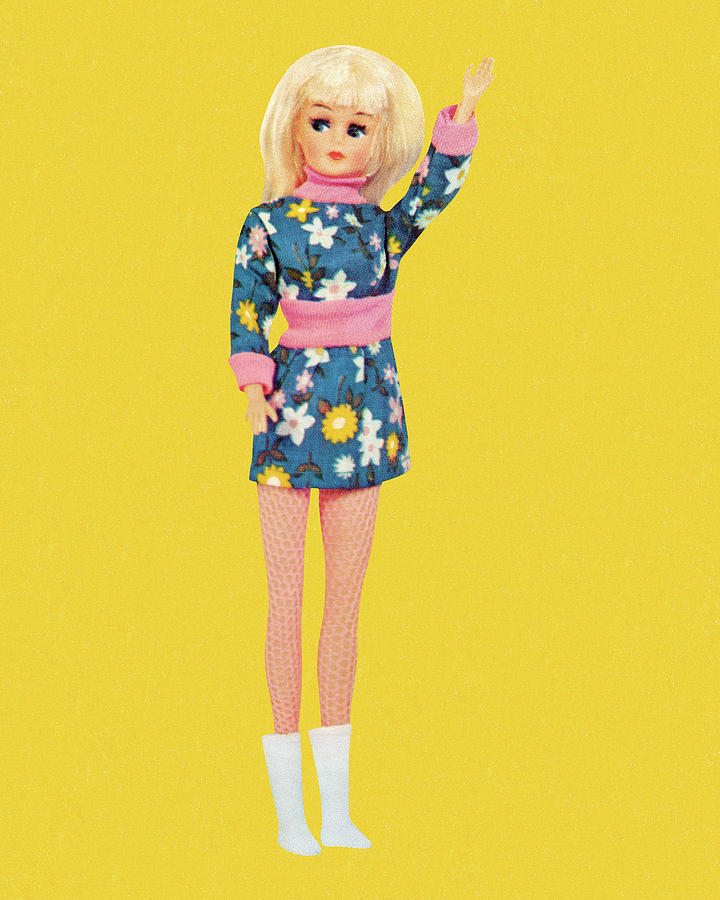 Vintage Drawing - Blonde Fashion Doll Wearing Floral Miniskirt by CSA Images