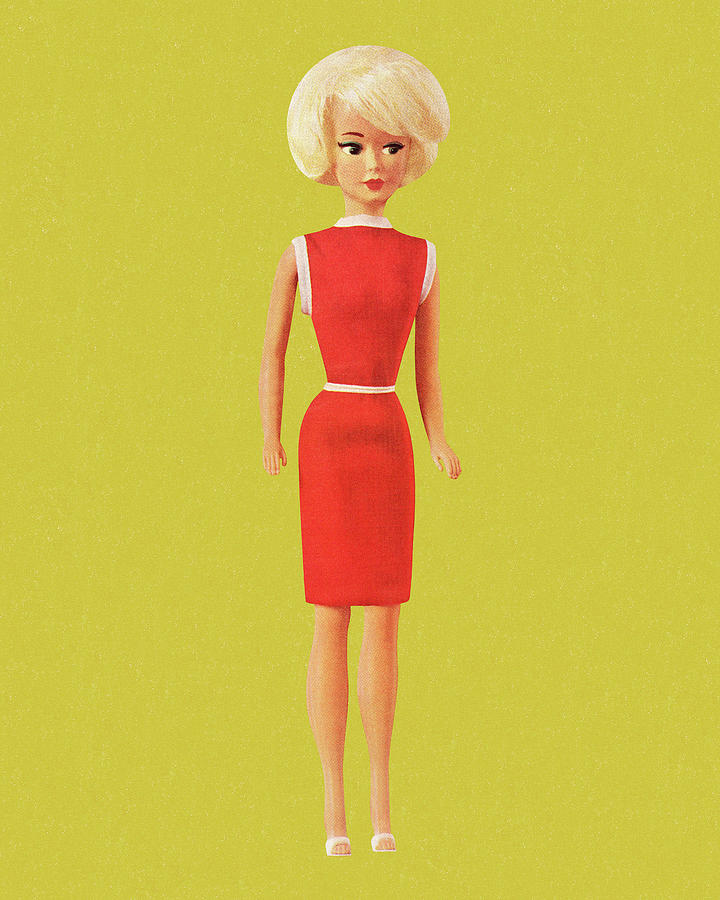 Vintage Drawing - Blonde Fashion Doll Wearing Red Dress by CSA Images