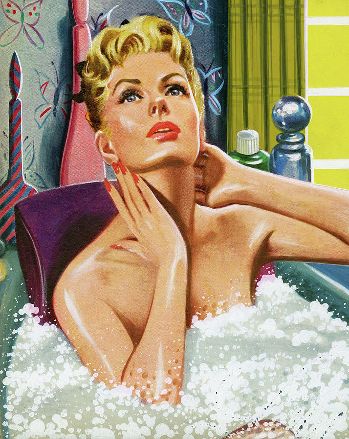 Vintage Drawing - Blonde Woman In Bubble Bath by CSA Images