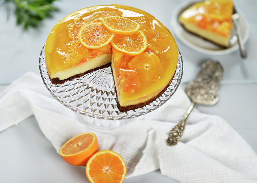 Blood Orange Cheesecake With A Chocolate Base, Topped With Orange Slices And Orange Jelly vegan Photograph by B.b.s Bakery