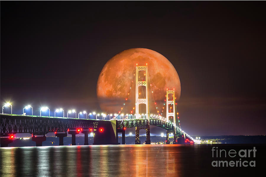 Mackinac Bridge Photograph - Blood Wolf Full Moon Mackinac Bridge Composite -3869 by Norris Seward