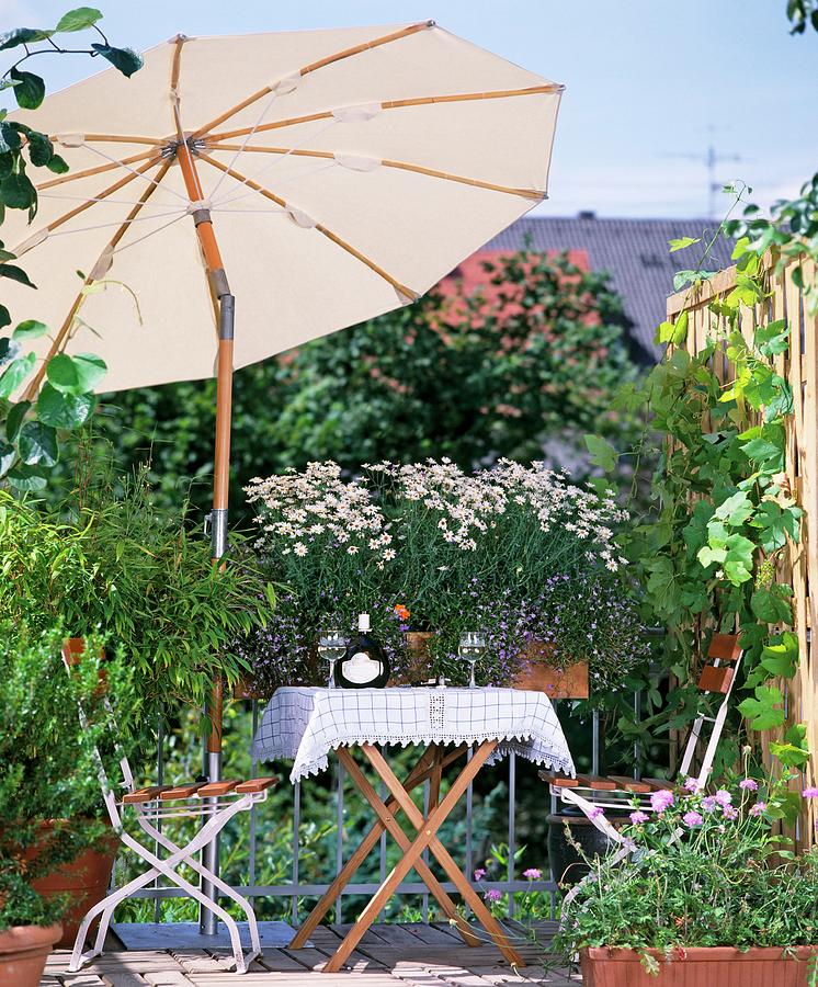 Blooming Balcony With Shady Seating Below Parasol Photograph by Friedrich Strauss