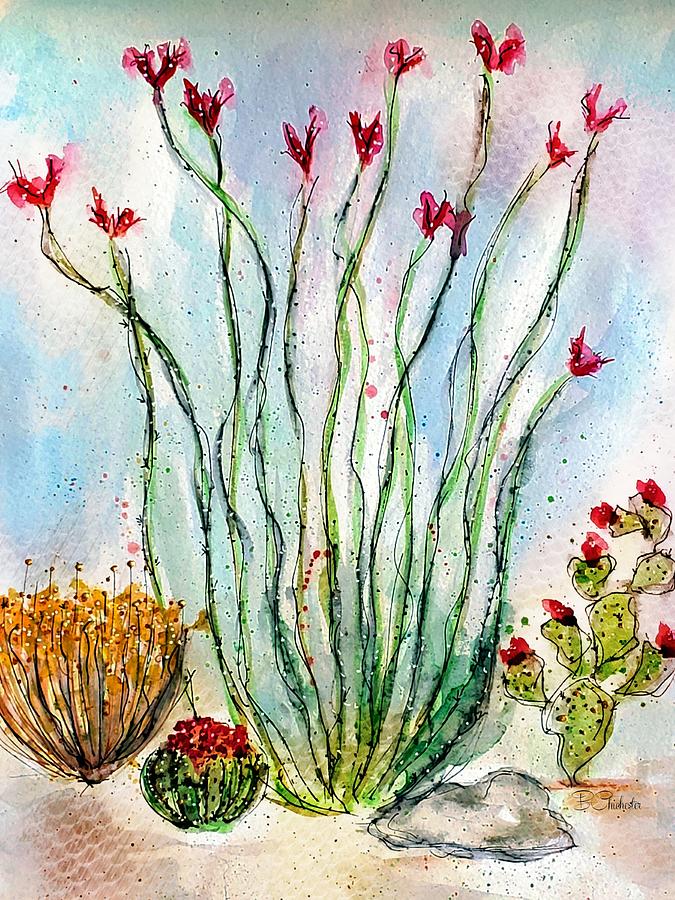 Blooming Ocotillo Painting by Barbara Chichester