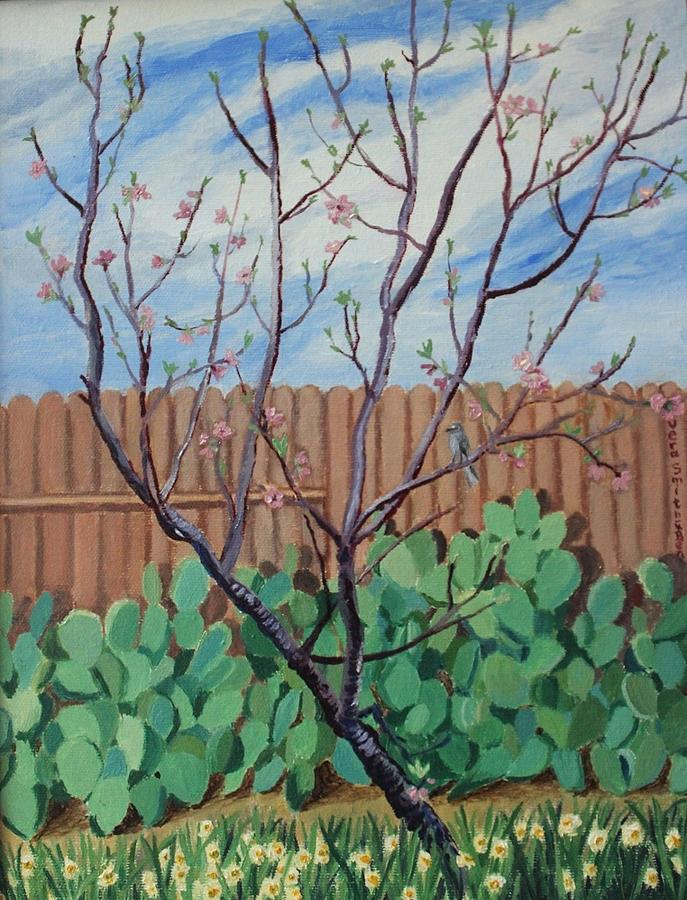 Blooming Peach in our San Antonio Backyard Painting by Vera Smith