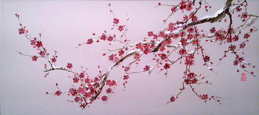 Blooming Sakura Branch with Snow Painting by Alina Oseeva