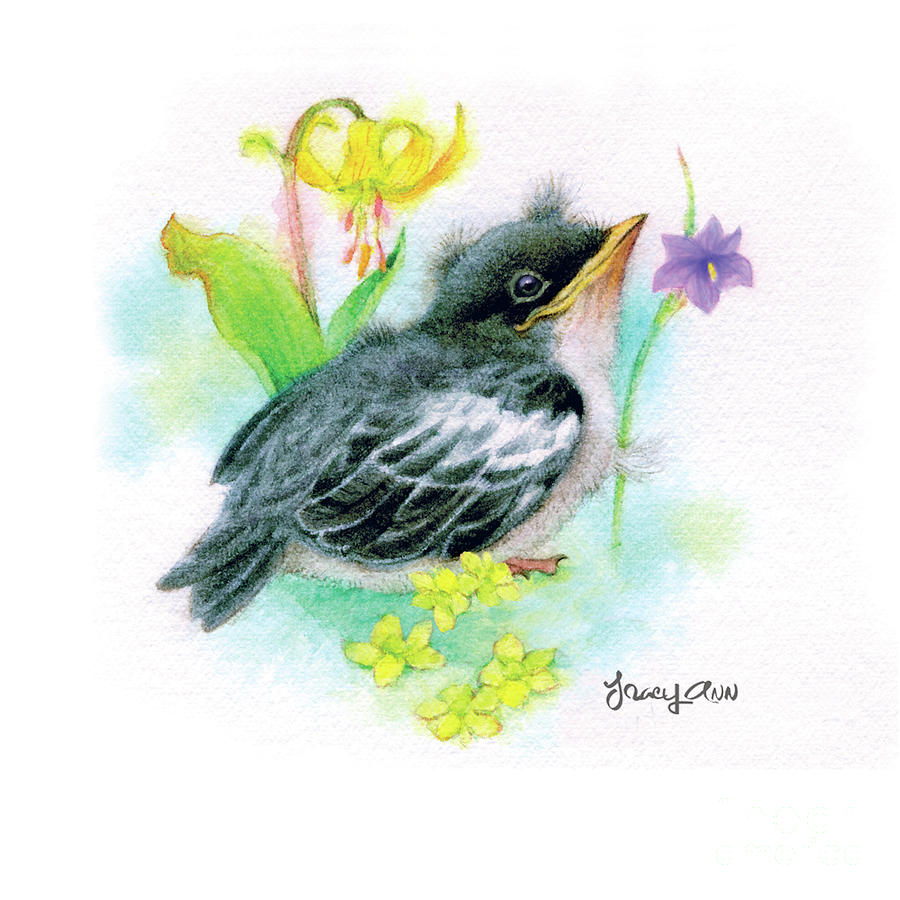 Baby Birds Painting - Blooms, Baby Mockingbird by Tracy Herrmann