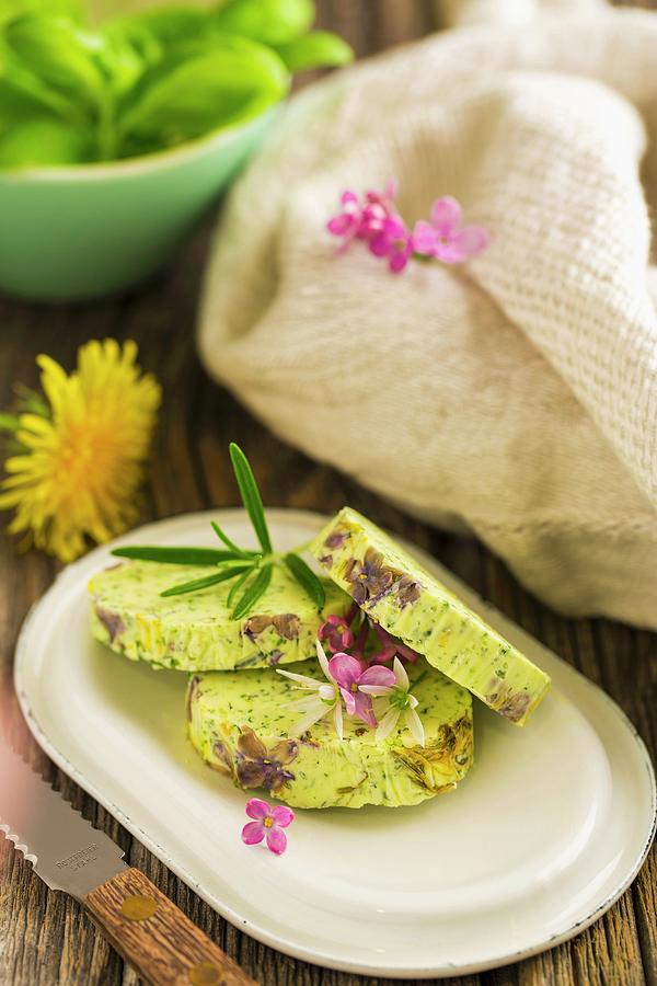 Blossom And Herb Butter With Lilac Flowers And Dandelion Flowers Photograph by Sandra Krimshandl-tauscher
