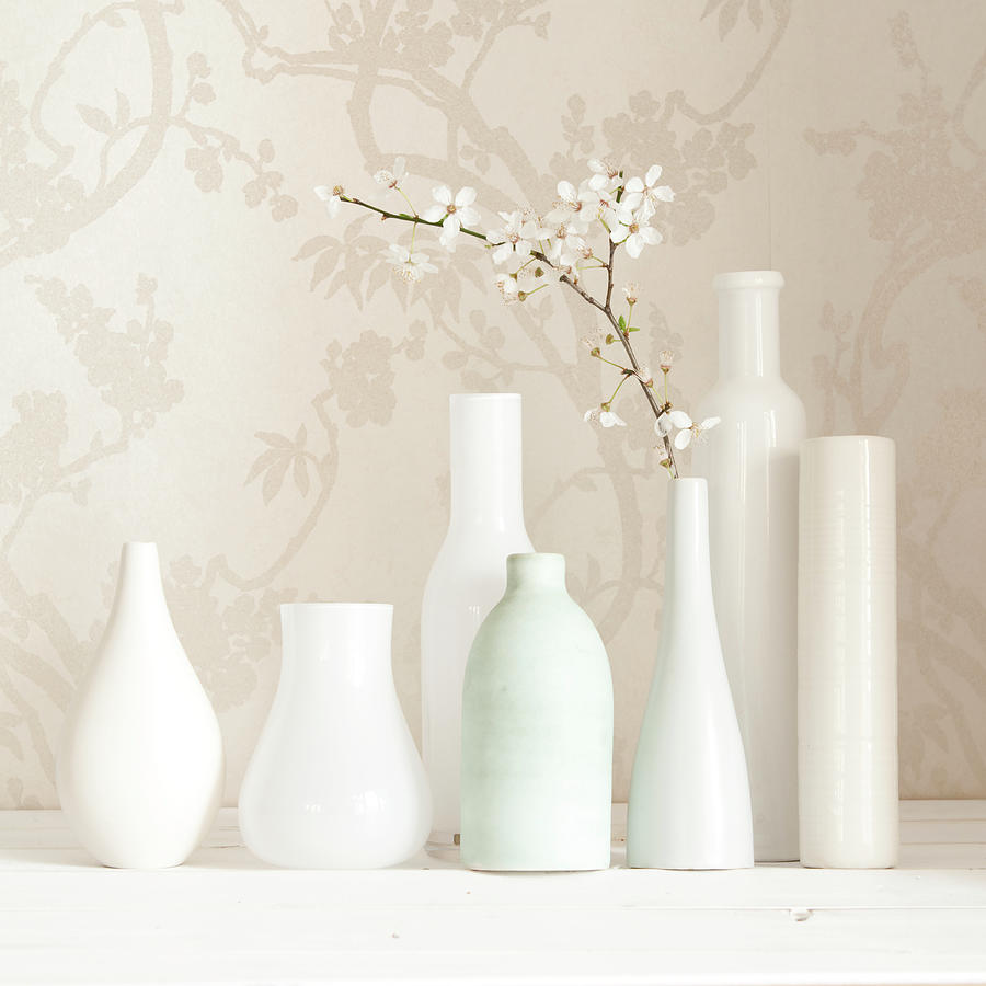 Still Life Photograph - Blossom And White Vases Still Life by Tom Quartermaine