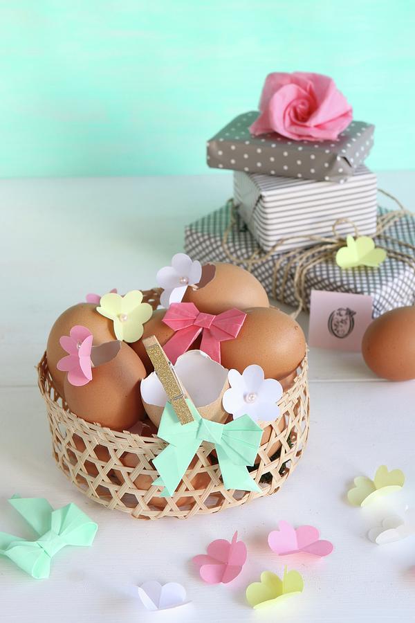 Blown Eggs Decorated With Paper Flowers And Paper Bows In Easter Basket Photograph by Regina Hippel