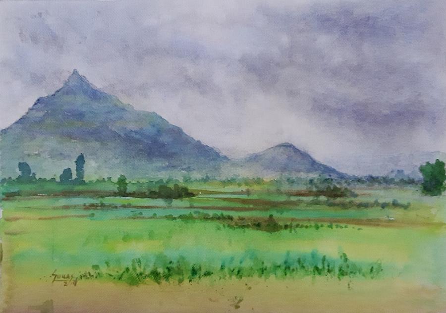Landscape Painting - Blue and green by Suhas Jagtap