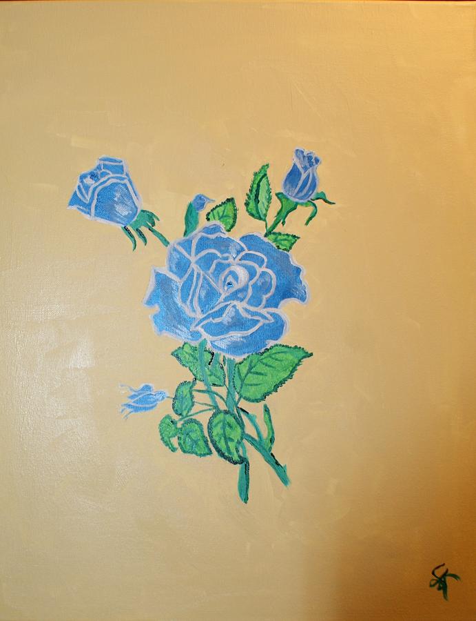 Blue and Silver Rose on Gold background Painting by Yvonne Sewell