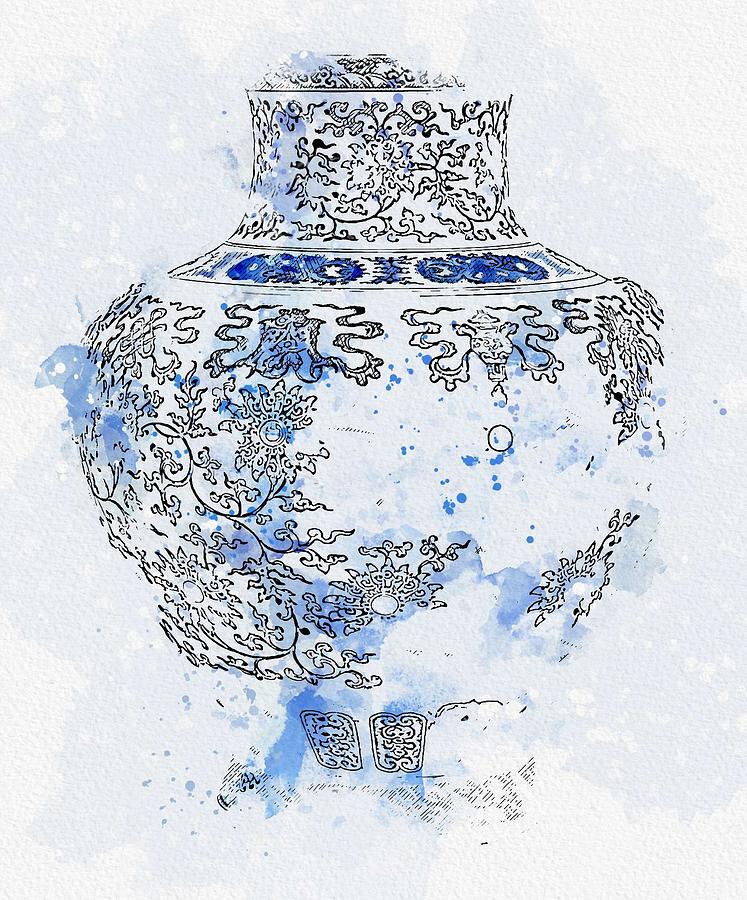 BLUE AND WHITE  BAJIXIANG VASE HU SEAL MARK AND PERIOD OF QIANLONG watercolor by Ahmet Asar Painting by Celestial Images
