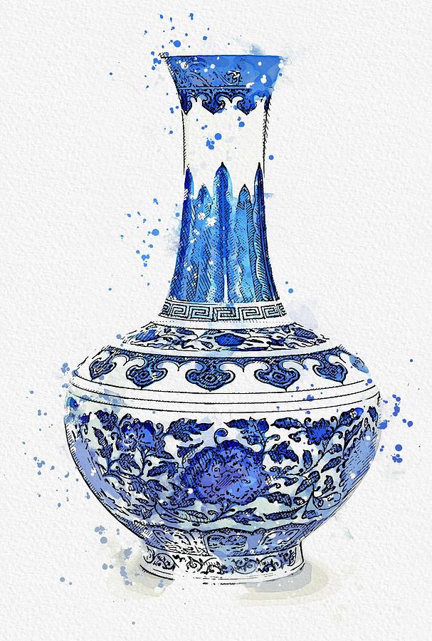 BLUE AND WHITE BOTTLE VASE QIANLONG SEAL MARK AND PERIOD watercolor by Ahmet Asar Painting by Celestial Images