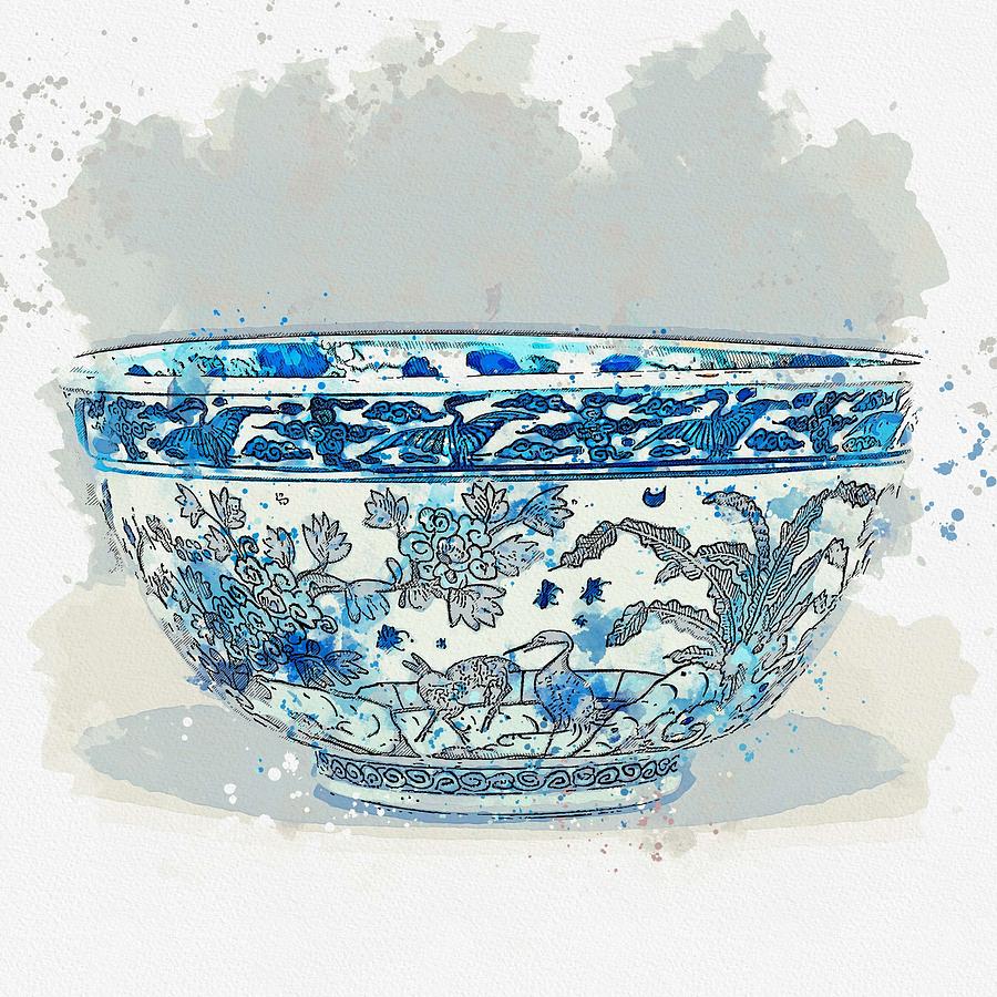 BLUE AND WHITE BOWL, MING DYNASTY watercolor by Ahmet Asar Painting by Celestial Images