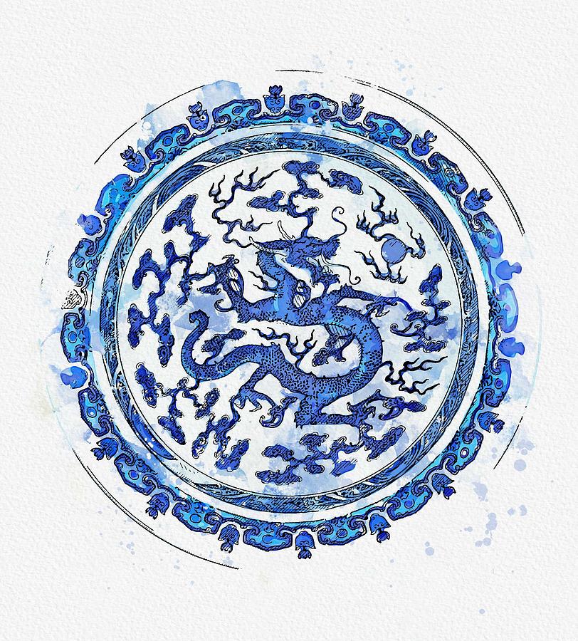 BLUE AND WHITE  DRAGON  BASIN watercolor by Ahmet Asar Painting by Celestial Images