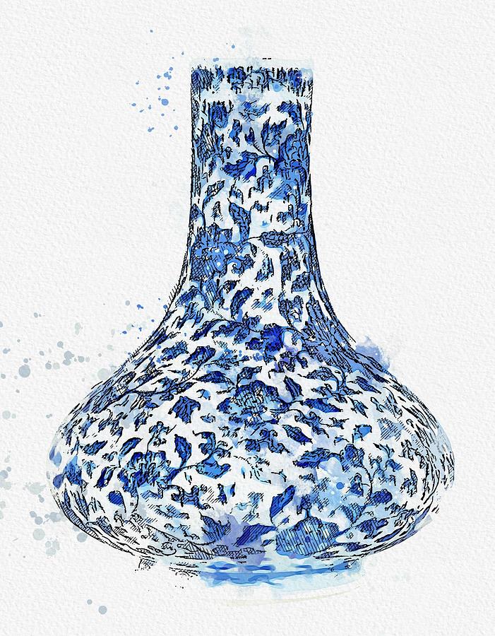 BLUE AND WHITE  FLORAL  BOTTLE VASE MARK AND PERIOD OF YONGZHENG watercolor by Ahmet Asar Painting by Celestial Images