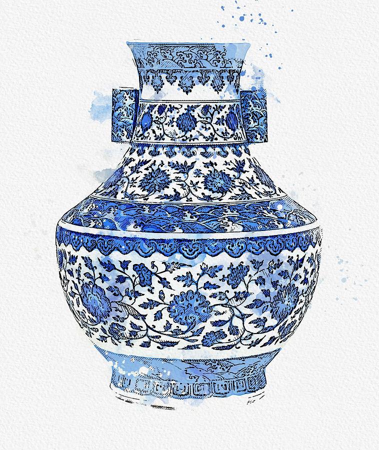 BLUE AND WHITE  FLORAL  VASE HU SEAL MARK AND PERIOD OF QIANLONG 2 watercolor by Ahmet Asar Painting by Celestial Images