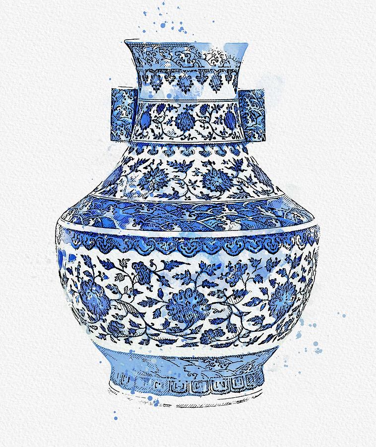BLUE AND WHITE  FLORAL  VASE HU SEAL MARK AND PERIOD OF QIANLONG watercolor by Ahmet Asar Painting by Celestial Images