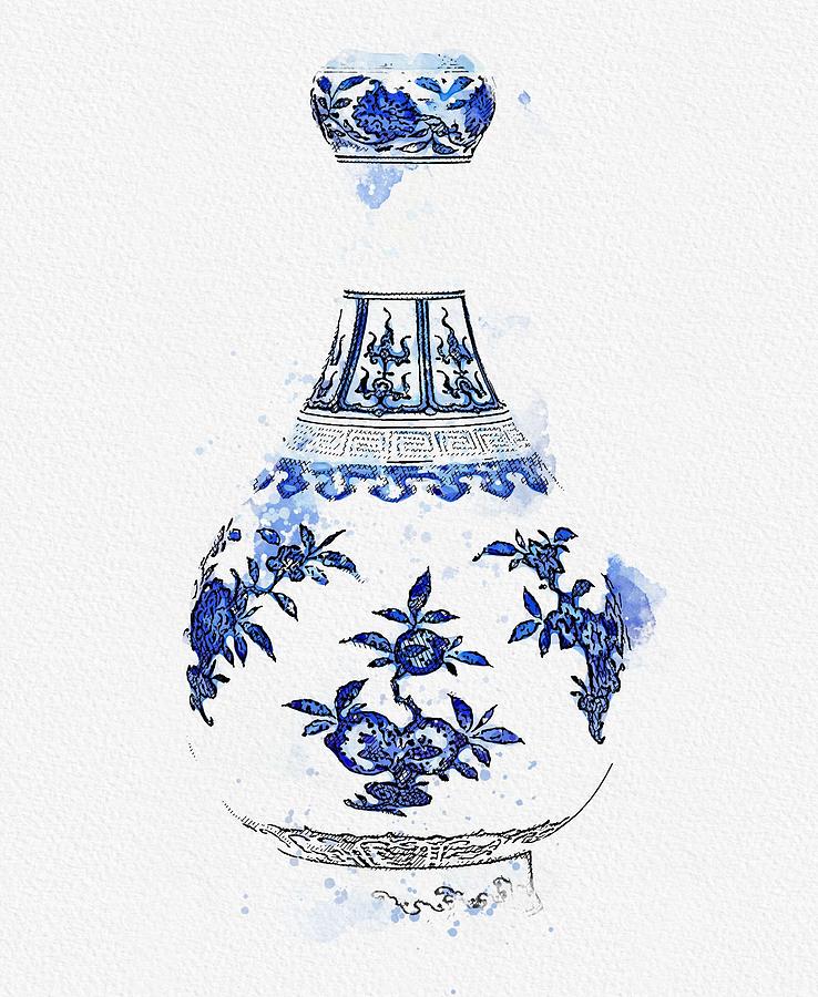 BLUE AND WHITE  FLOWER AND FRUIT GARLIC-MOUTH BOTTLE VASE SEAL MARK AND PERIOD OF QIANLONG watercol Painting by Celestial Images