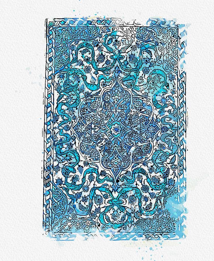 blue and white Iznik tile, Turkey, late 16th century, by Adam Asar, No 1 watercolor by Ahmet Asar Painting by Celestial Images