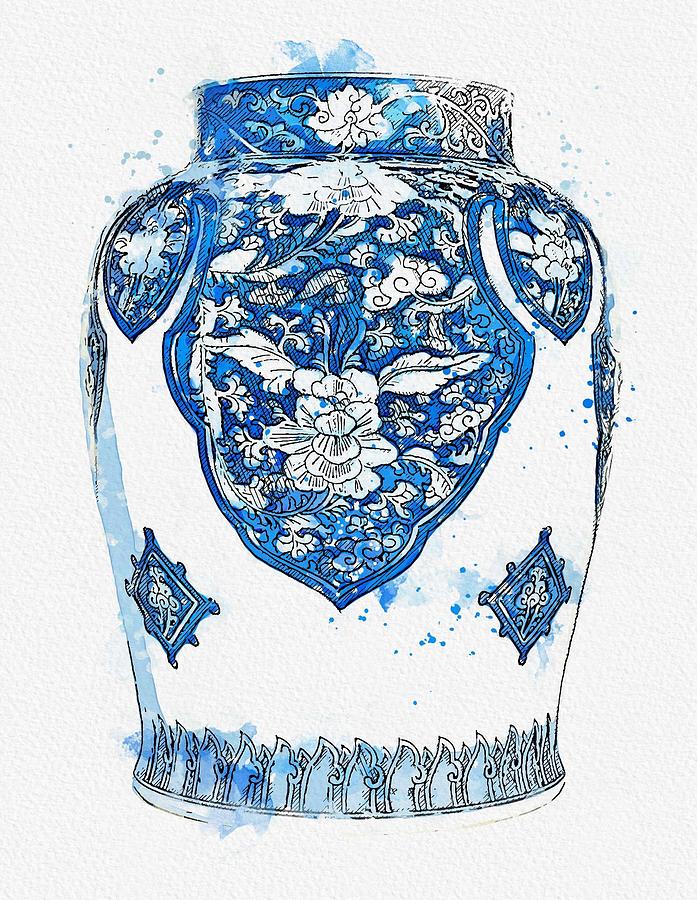 BLUE AND WHITE JAR QING DYNASTY, 18TH CENTURY watercolor by Ahmet Asar Painting by Celestial Images