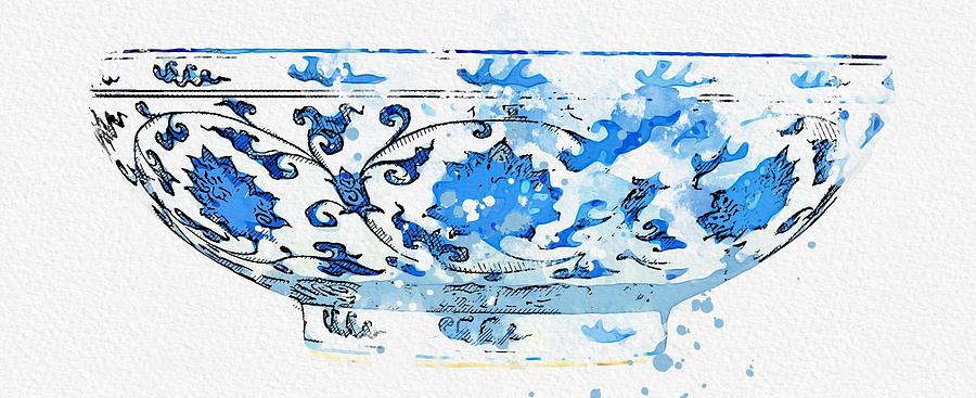 BLUE AND WHITE LOTUS  BOWL watercolor by Ahmet Asar Painting by Celestial Images