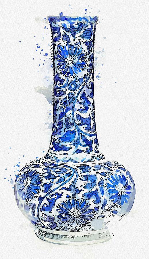 BLUE AND WHITE  LOTUS SCROLL  VASE watercolor by Ahmet Asar Painting by Celestial Images